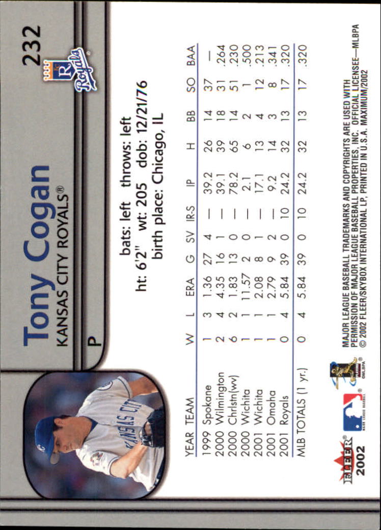 2002 Fleer Maximum #232 Tony Cogan RTC back image