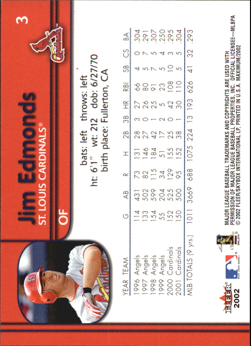 2002 Fleer Maximum To the Max #3 Jim Edmonds/307 back image