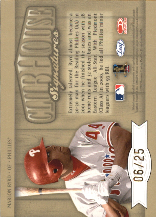 2002 Leaf Clubhouse Signatures Gold #28 Marlon Byrd back image