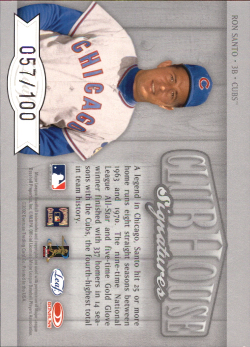 2002 Leaf Clubhouse Signatures Silver #28 Ron Santo/100 back image