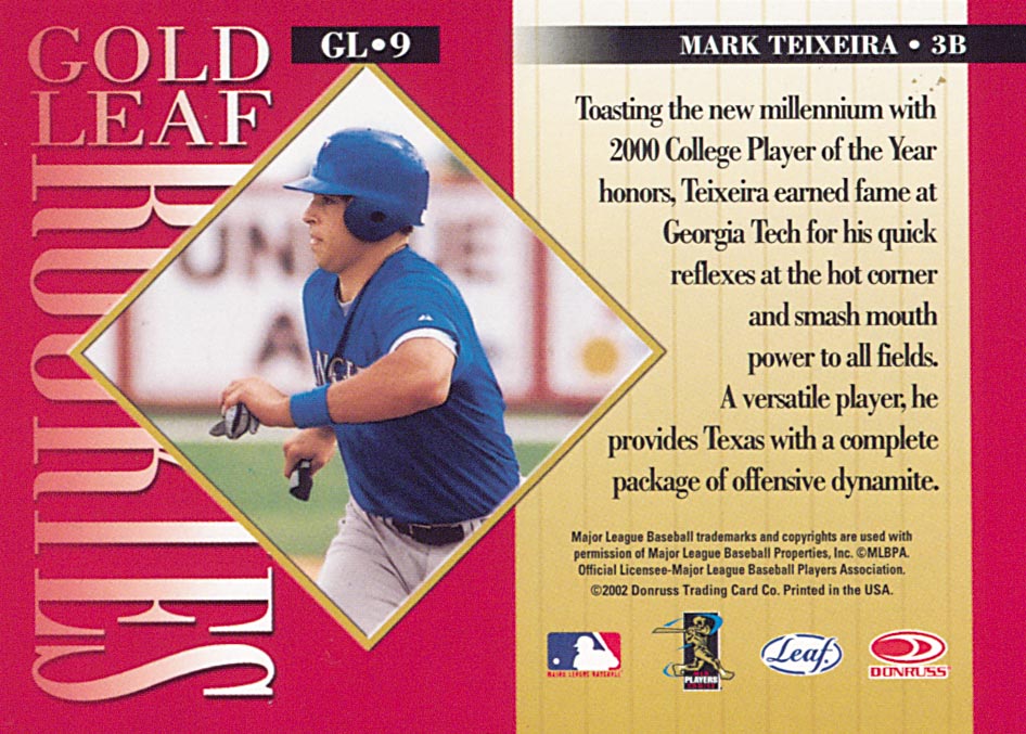 2002 Leaf Gold Rookies #9 Mark Teixeira back image