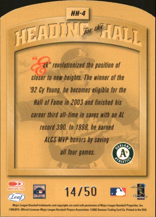 2002 Leaf Heading for the Hall Autographs #4 Dennis Eckersley back image
