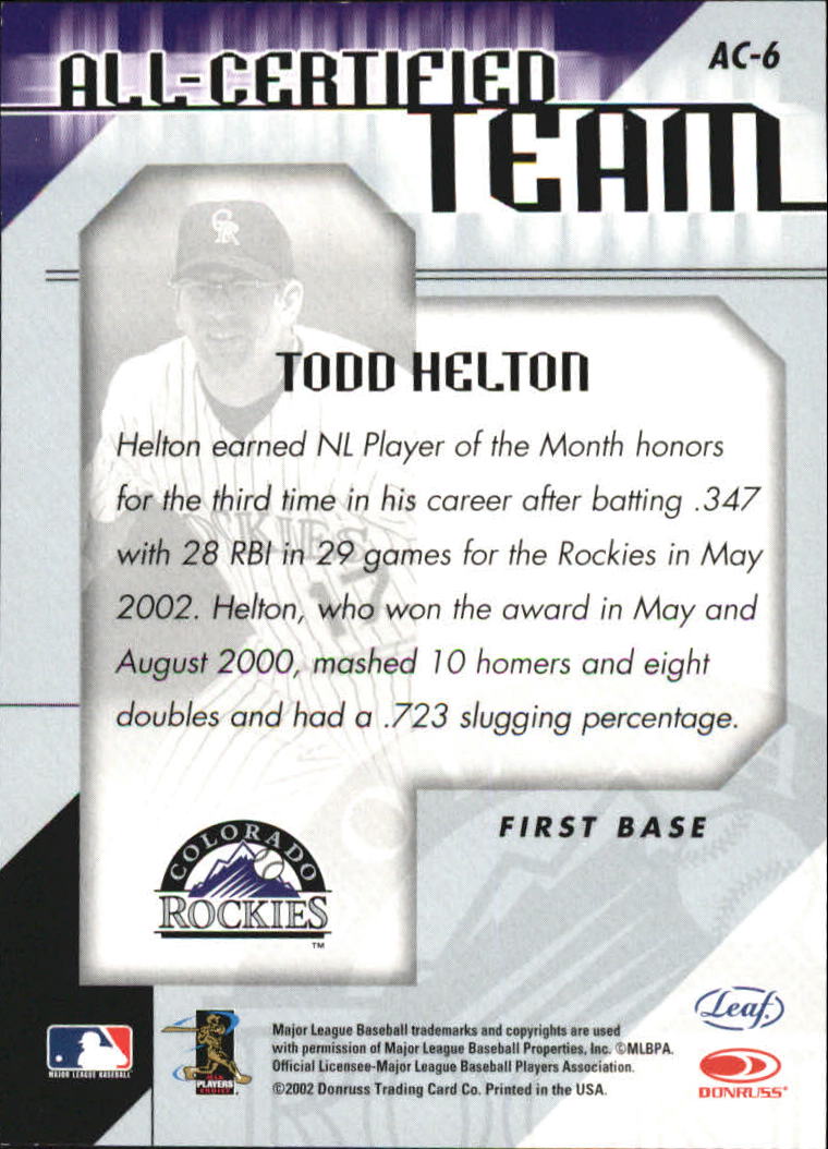 2002 Leaf Certified All-Certified Team #6 Todd Helton back image