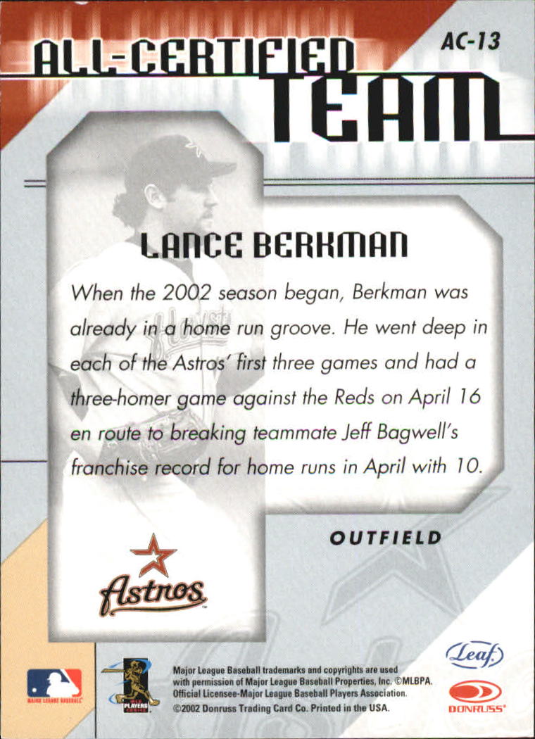 2002 Leaf Certified All-Certified Team #13 Lance Berkman back image