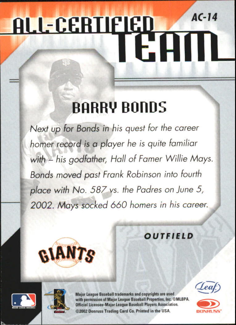 2002 Leaf Certified All-Certified Team #14  Barry Bonds