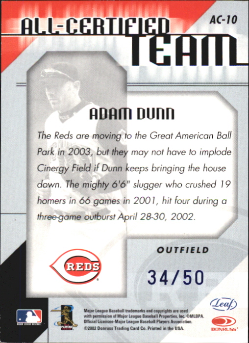 2002 Leaf Certified All-Certified Team Mirror Blue #10 Adam Dunn back image