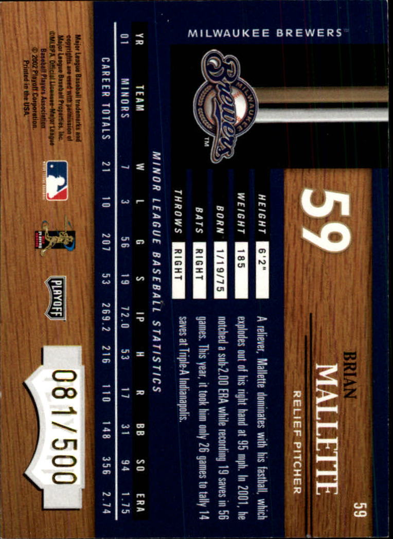 2002 Playoff Piece of the Game #59 Brian Mallette ROO RC back image