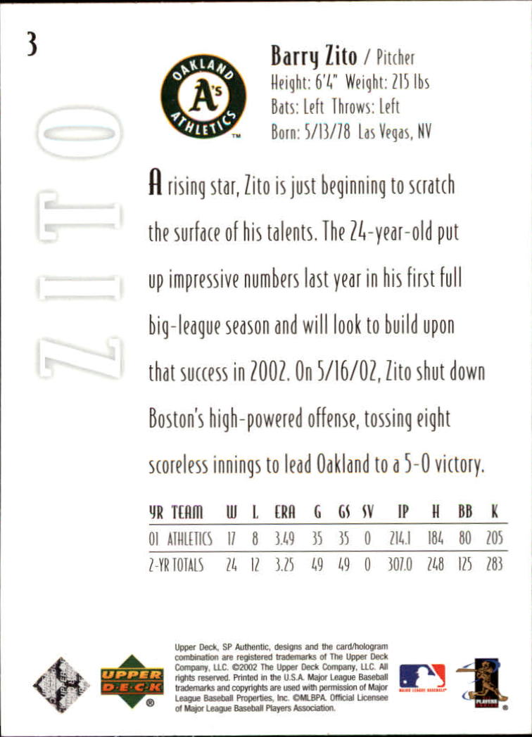 2002 SP Authentic #3 Barry Zito back image