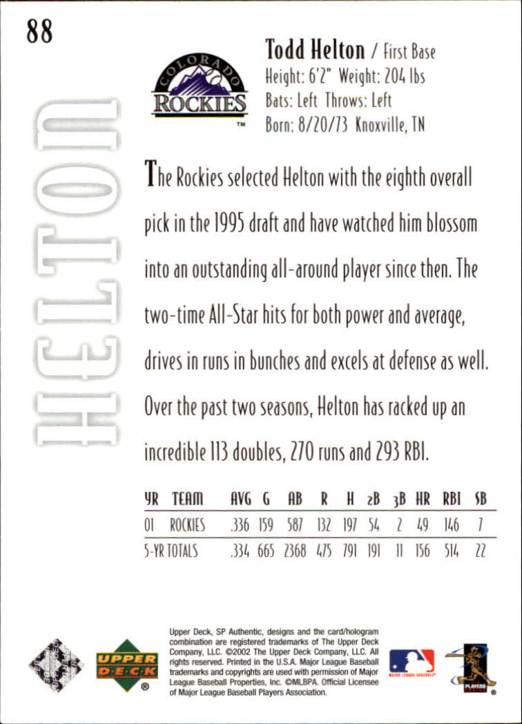 2002 SP Authentic #88 Todd Helton back image