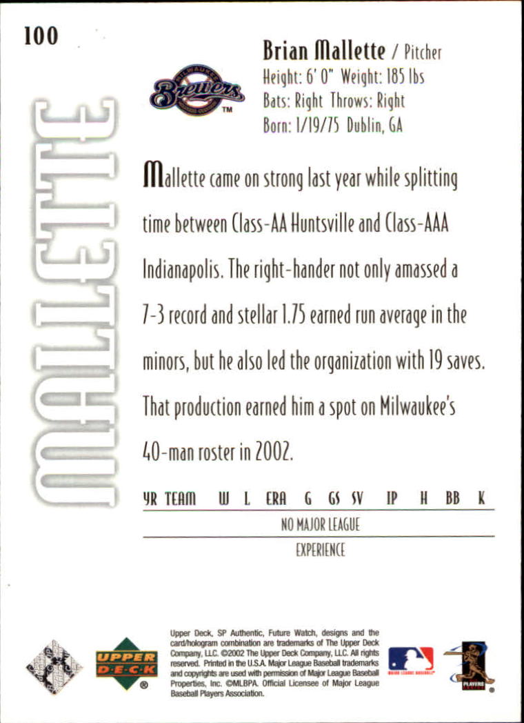 2002 SP Authentic #100 Brian Mallette FW RC back image