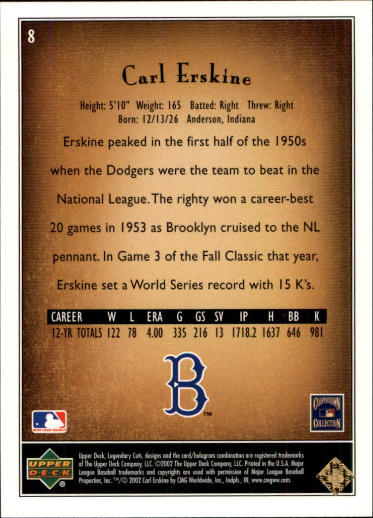 2002 SP Legendary Cuts #8 Carl Erskine back image