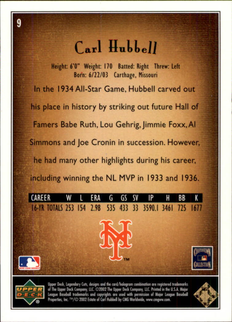 2002 SP Legendary Cuts #9 Carl Hubbell back image