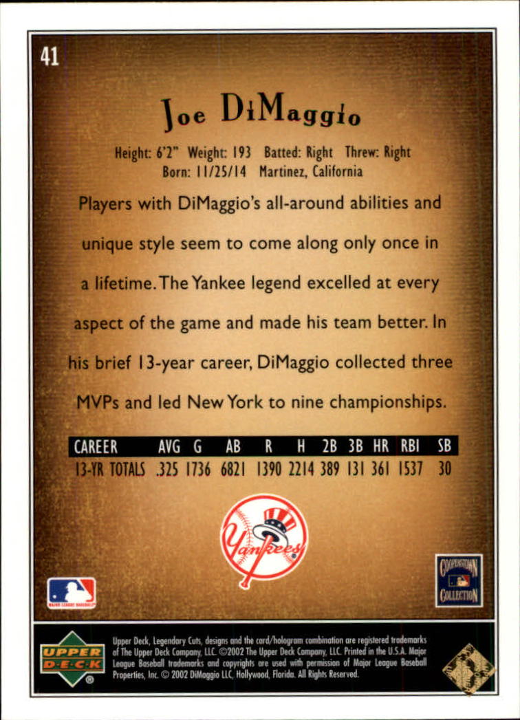 2002 SP Legendary Cuts #41 Joe DiMaggio back image