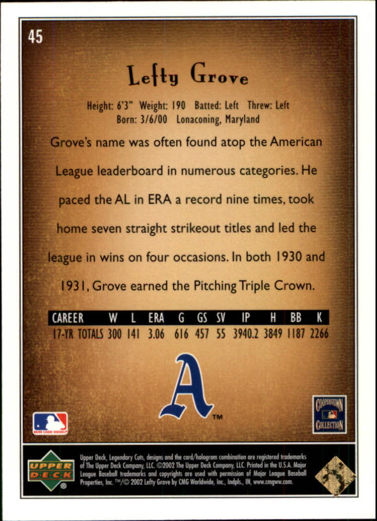 2002 SP Legendary Cuts #45 Lefty Grove back image