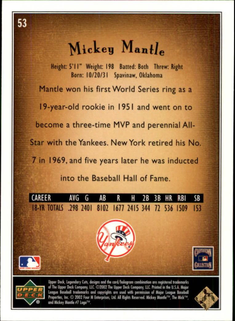 2002 SP Legendary Cuts #53 Mickey Mantle back image