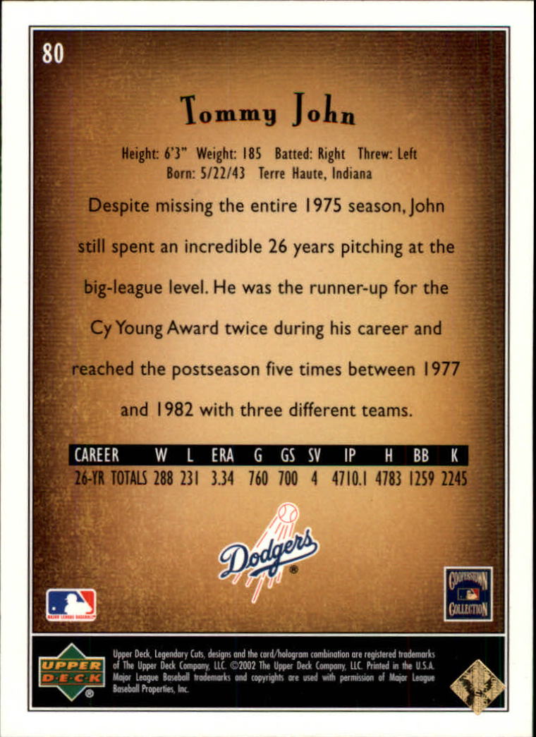 2002 SP Legendary Cuts #80 Tommy John back image