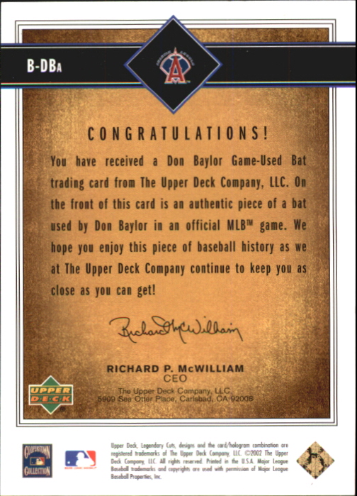 2002 SP Legendary Cuts Game Bat #BDBA Don Baylor DP back image