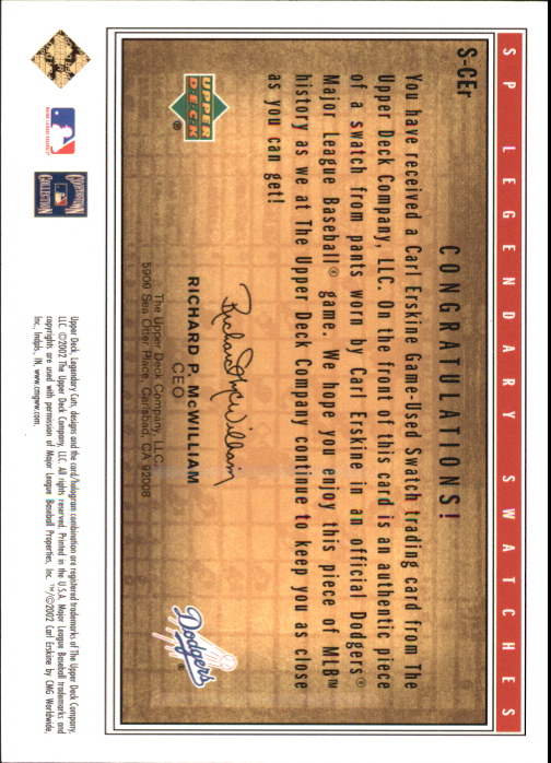 2002 SP Legendary Cuts Game Swatches #SCER Carl Erskine Pants back image