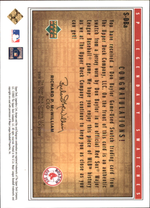 2002 SP Legendary Cuts Game Swatches #SDBA Don Baylor back image