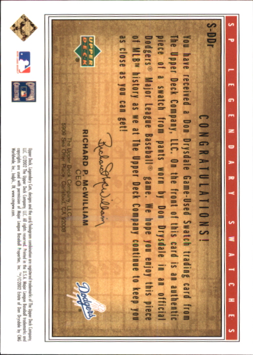 2002 SP Legendary Cuts Game Swatches #SDDR Don Drysdale Pants back image