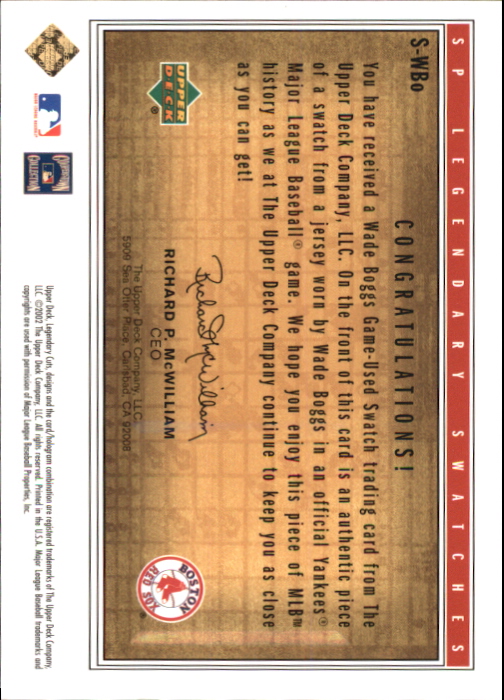 2002 SP Legendary Cuts Game Swatches #SWBO Wade Boggs back image