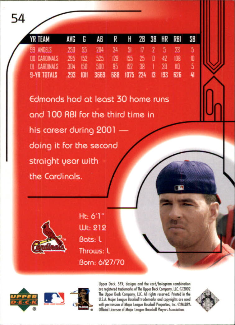 2002 SPx #54 Jim Edmonds back image