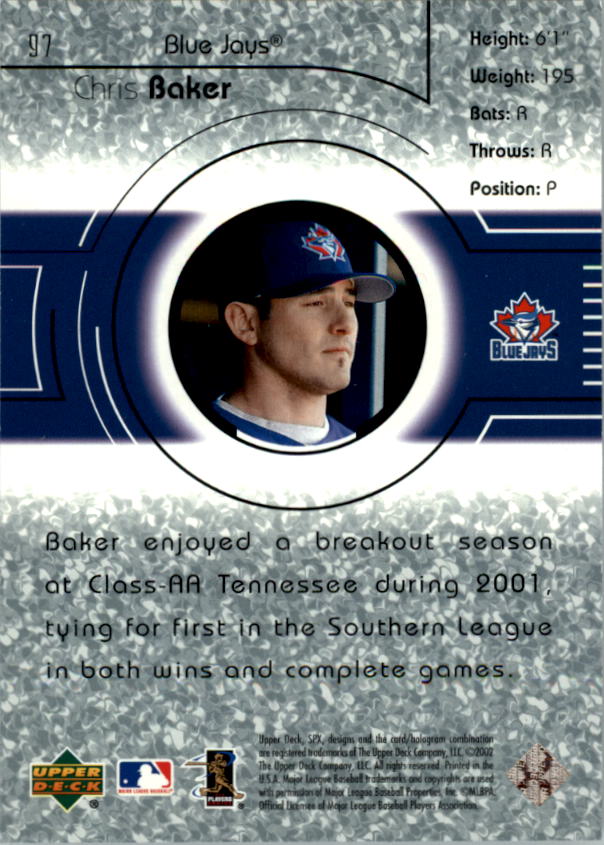 2002 SPx #97A Chris Baker YS RC back image