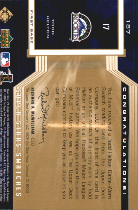 2002 SPx SuperStars Swatches Gold #187 Todd Helton back image