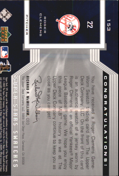 2002 SPx SuperStars Swatches Silver #153 Roger Clemens back image