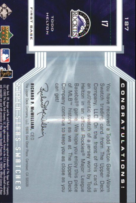 2002 SPx SuperStars Swatches Silver #187 Todd Helton back image