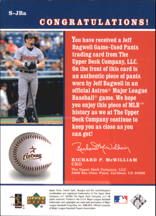 2002 Sweet Spot Swatches #SJBS Jeff Bagwell back image