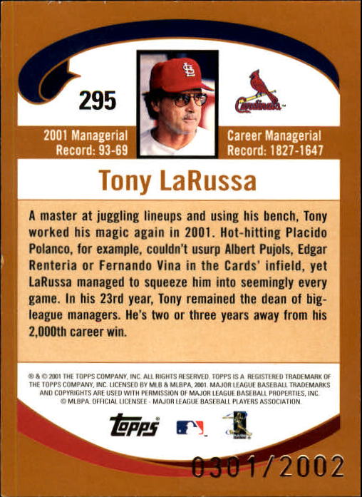 2002 Topps Gold #295 Tony LaRussa MG back image