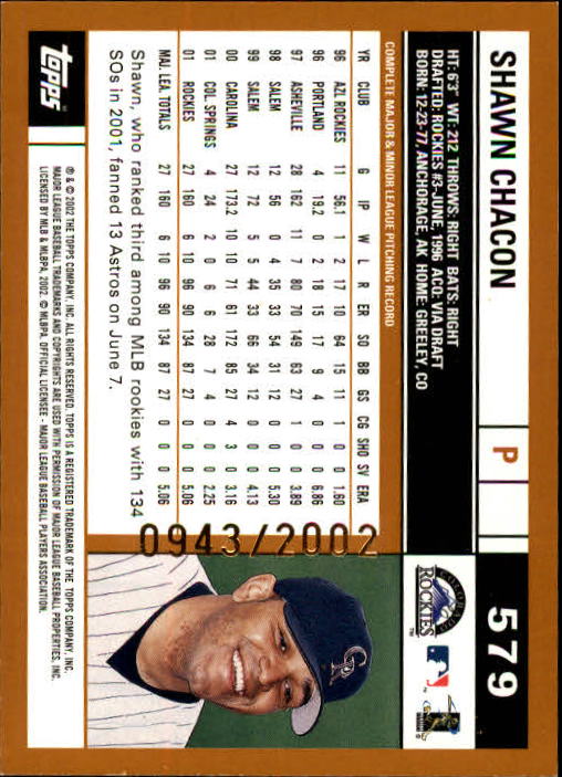 2002 Topps Gold #579 Shawn Chacon back image