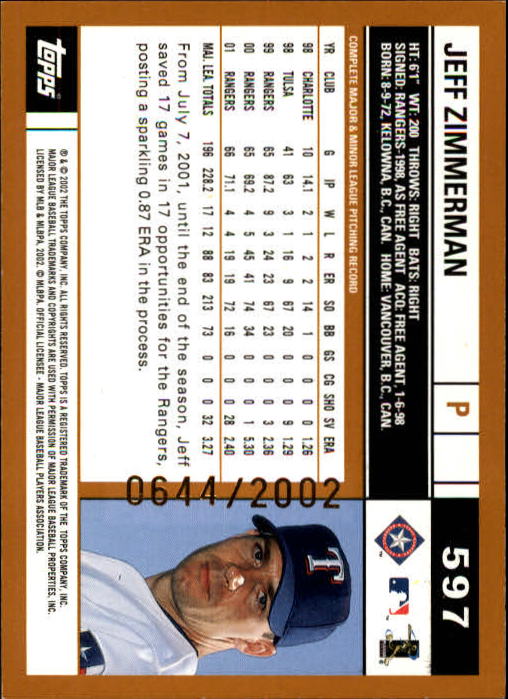 2002 Topps Gold #597 Jeff Zimmerman back image