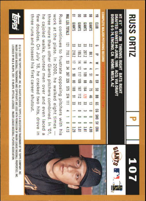 2002 Topps Home Team Advantage #107 Russ Ortiz back image
