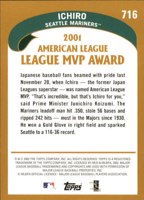 2002 Topps Home Team Advantage #716 Ichiro Suzuki MVP back image