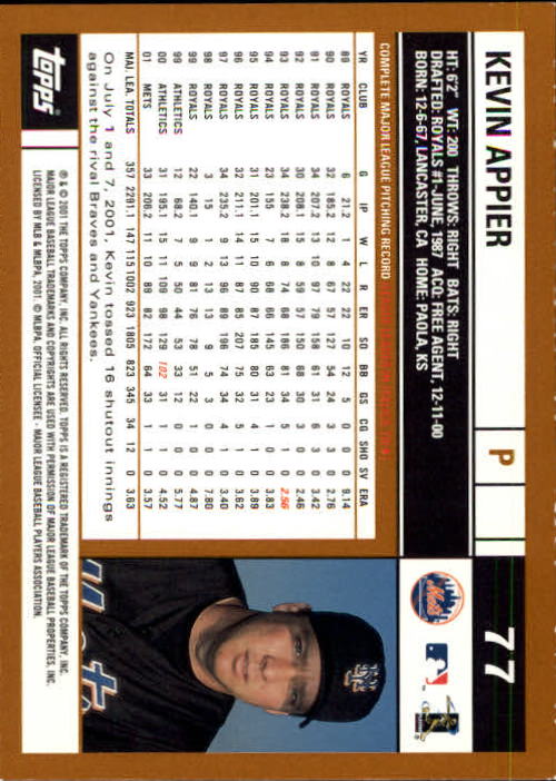 2002 Topps Limited #77 Kevin Appier back image