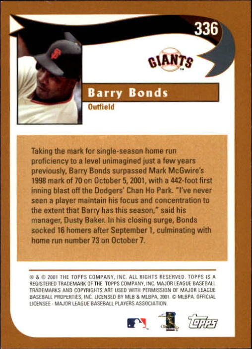2002 Topps Limited #336 Barry Bonds HL back image