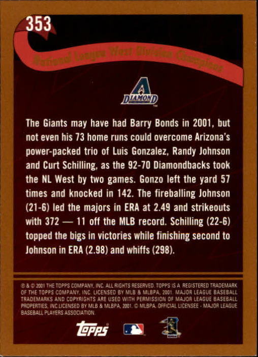 2002 Topps Limited #353 Arizona Diamondbacks PB back image