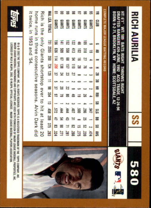 2002 Topps Limited #580 Rich Aurilia back image