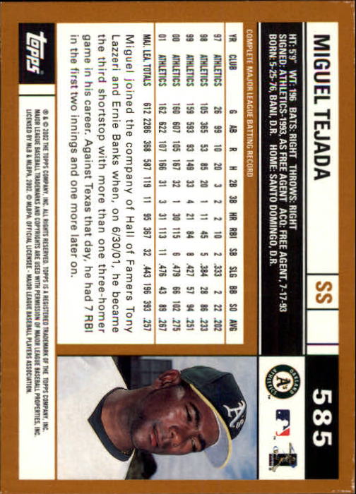 2002 Topps Limited #585 Miguel Tejada back image