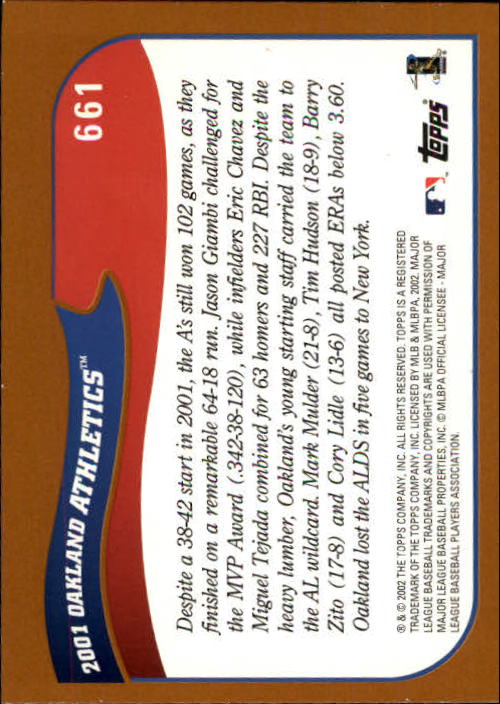 2002 Topps Limited #661 Oakland Athletics TC back image