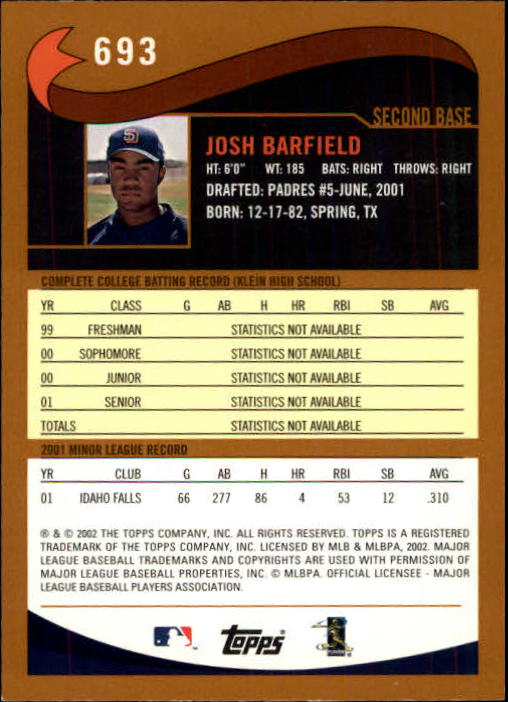 2002 Topps Limited #693 Josh Barfield DP back image