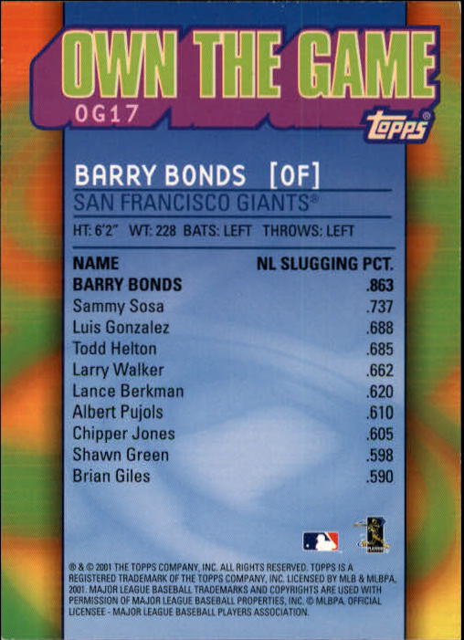 2002 Topps Own the Game #OG17 Barry Bonds back image