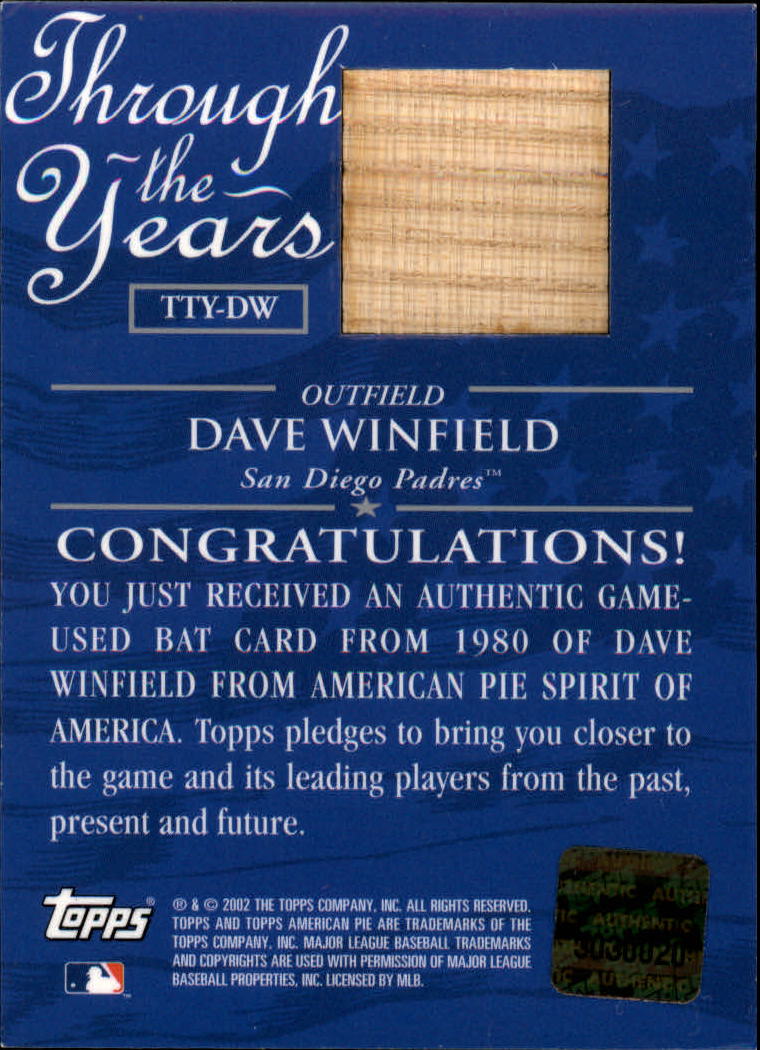 2002 Topps American Pie Through the Years Relics #DW Dave Winfield Bat back image
