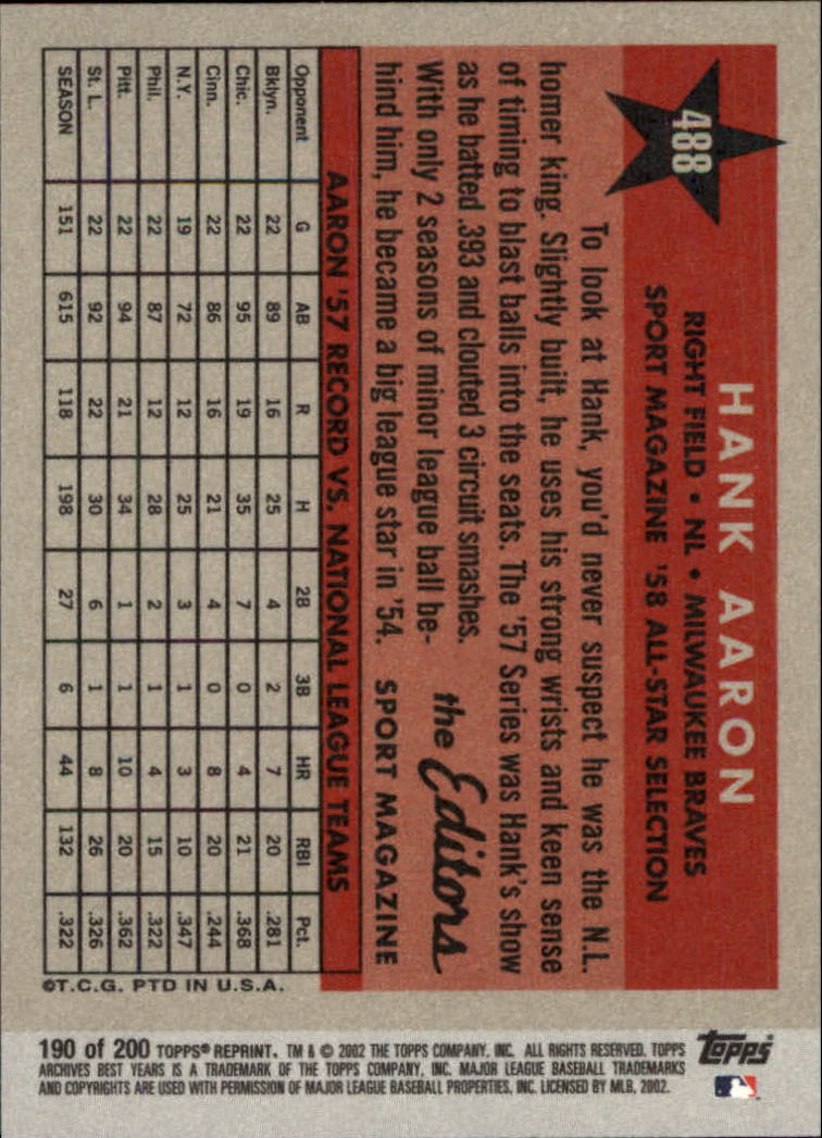 2002 Topps Archives #190 Hank Aaron 58 AS back image