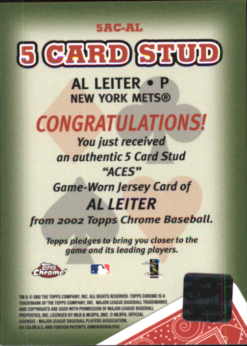 2002 Topps Chrome 5-Card Stud Aces Relics #5AAL Al Leiter Jsy back image