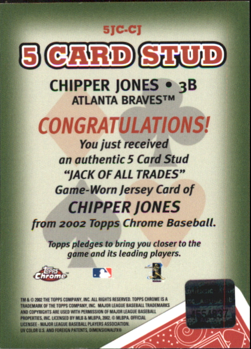 2002 Topps Chrome 5-Card Stud Jack of all Trades Relics #5JCJ Chipper Jones Jsy back image