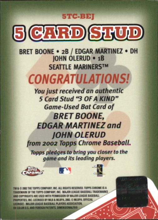 2002 Topps Chrome 5-Card Stud Three of a Kind Relics #5TBEJ Bret Boone Bat/Edgar Martinez Bat/John Olerud Bat back image