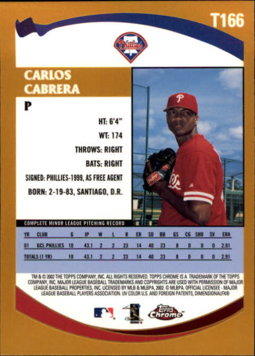 2002 Topps Chrome Traded #T166 Carlos Cabrera RC back image